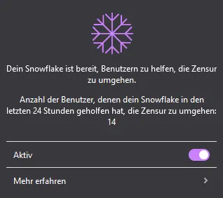 Snowflake extension statistics dashboard showing 14 users helped over 13 hours of proxy operation, demonstrating real-world impact