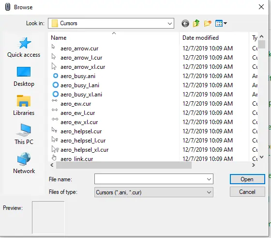 Mouse pointer customization dialog showing empty cursor selection field and Browse button, demonstrating how Windows forgets cursor icon files