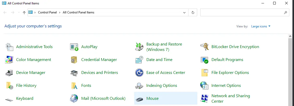 Windows Control Panel interface showing mouse settings option highlighted in system configuration menu