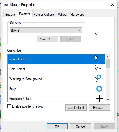 Mouse Properties dialog window with Pointer Options tab selected, showing cursor customization settings and scheme selection