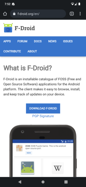 F-Droid app store download page showing APK download button and security warning about installing from unknown sources