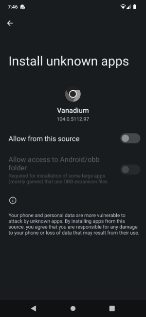 Vanadium browser app settings showing install unknown apps permission toggle specifically for the GrapheneOS default browser