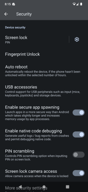 GrapheneOS Security settings menu highlighting USB accessories configuration option for controlling external device permissions