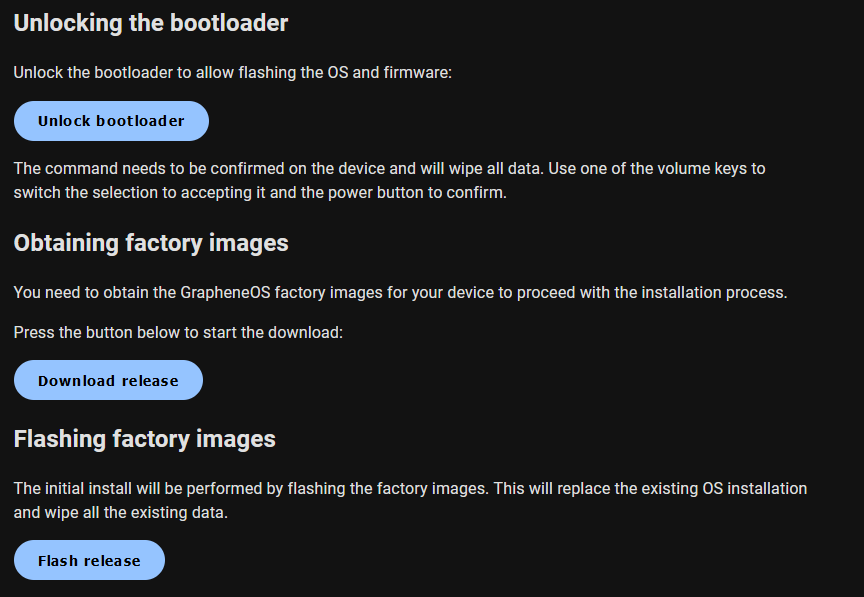 GrapheneOS WebUSB installation interface showing device selection, installation progress, and browser-based flashing tool for Google Pixel devices